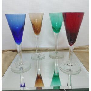 Vtg. 4 Piece Cordial Glasses Set Multi-Color  Stemmed Handblow 5"3/4  New